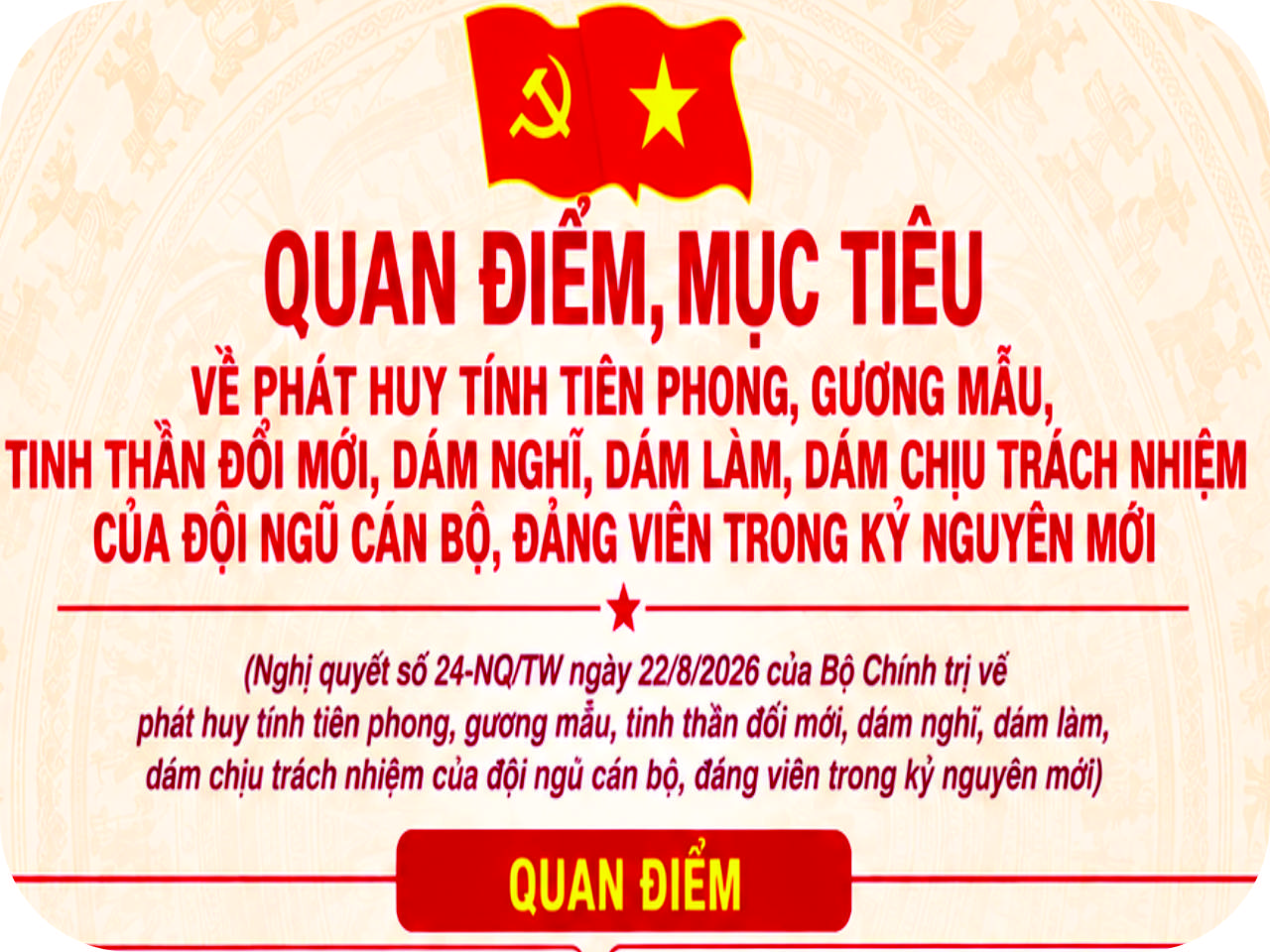 Quan điểm mục tiêu về phát huy tính tiên phong, gương mẫu, tinh thần đổi mới, dám nghĩ, dám làm, dám chịu trách nhiệm của đội ngũ cán bộ, đảng viên trong kỷ nguyên mới