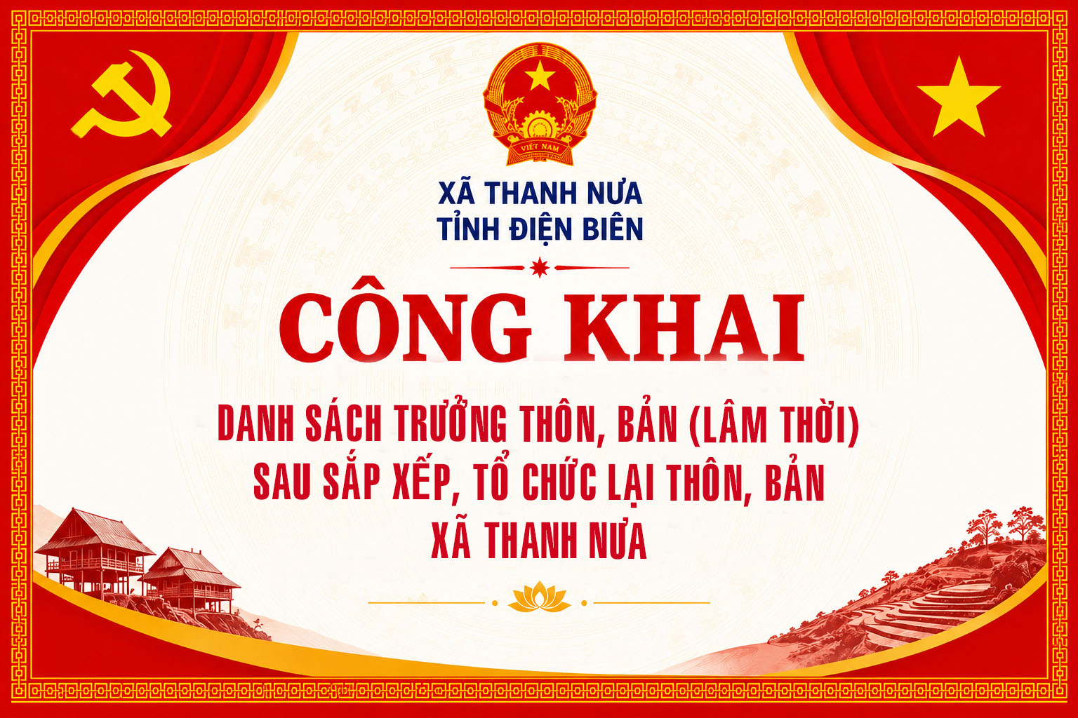 Công khai danh sách trưởng thôn bản (lâm thời) sau sắp xếp thôn, bản xã Thanh Nưa