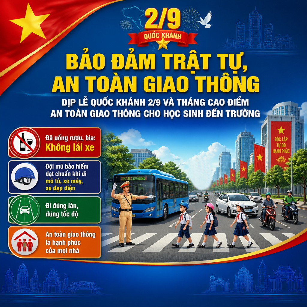 Đảm bảo trật tự an toàn giao thông dịp lễ Quốc khánh 2/9 và tháng cao điểm an toàn giao thông cho học sinh đến trường.